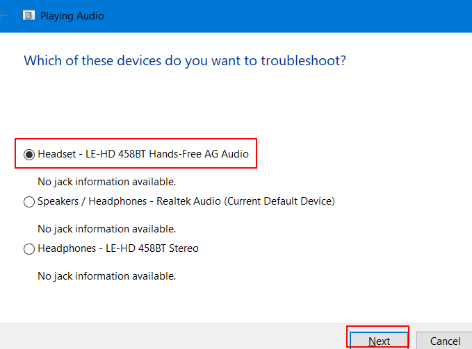 Choose bluetooth device for troubleshoot