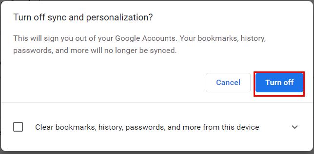Google Chrome Turn off Sync and personalization