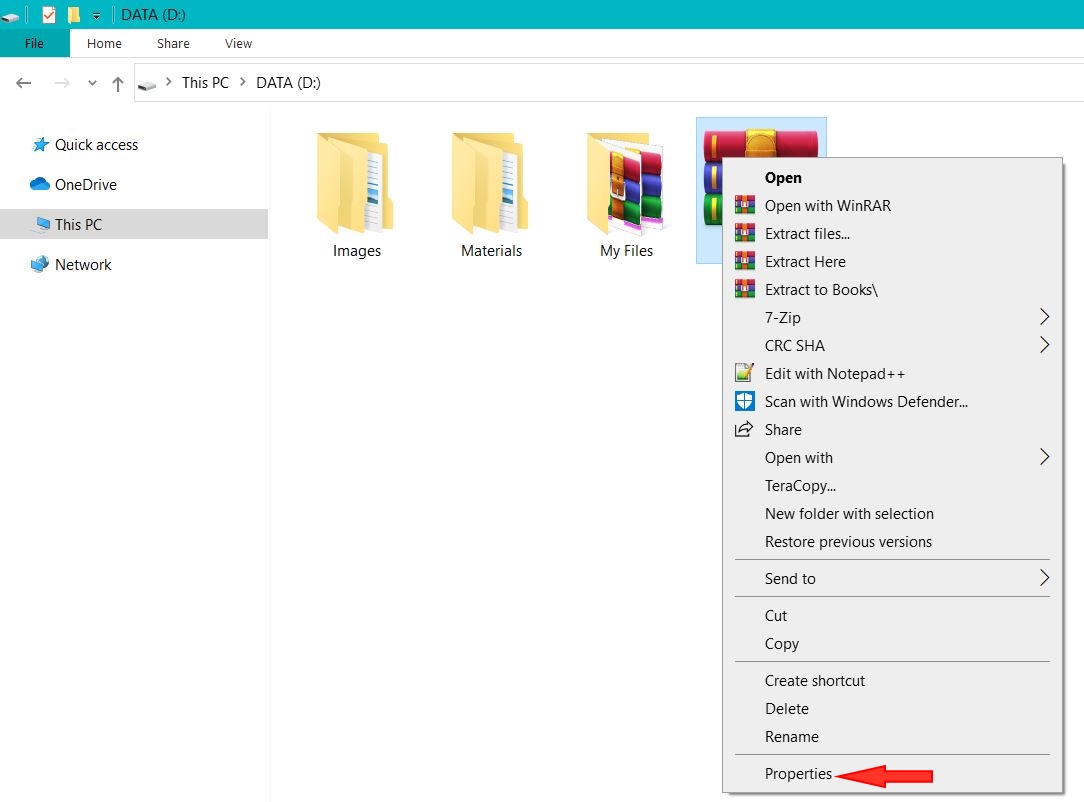 Hide Folder and File in Windows 10 - properties