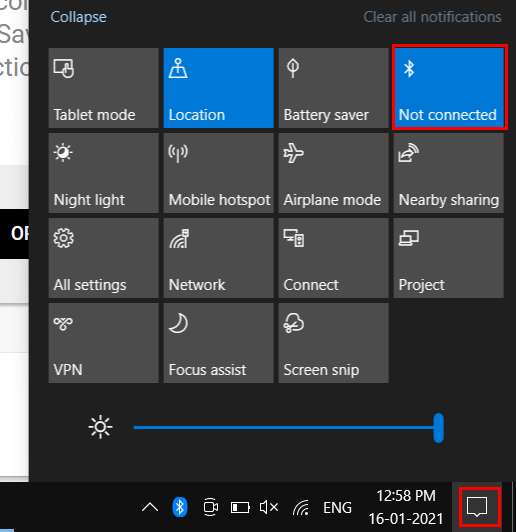 How to Turn On Bluetooth on Windows 10 through action center