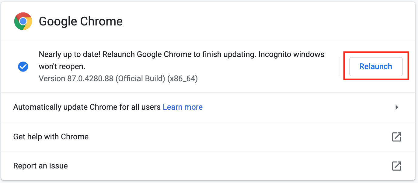 Relaunch to finish updates on Mac Chrome