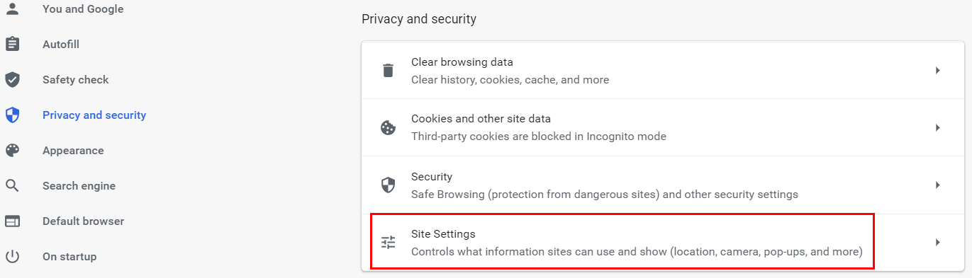 Site settings on chrome