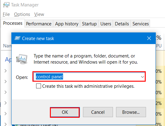 create new task window for control panel