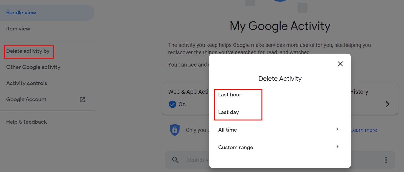 how to delete today Google Search History 