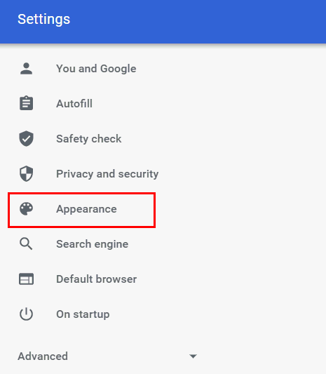 Google Chrome Appearance option
