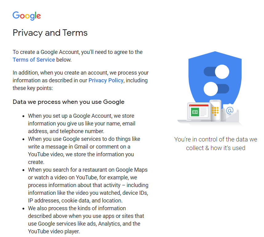 Privacy and terms for Google Account Sign up