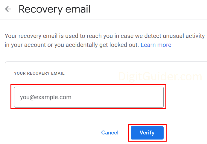 Add recovery email to google account