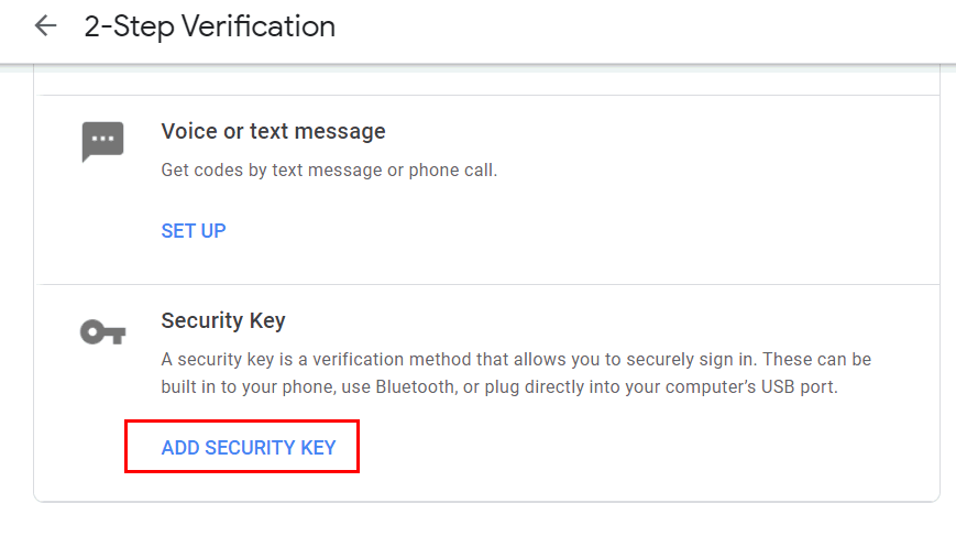 Add security Key for 2 step verification