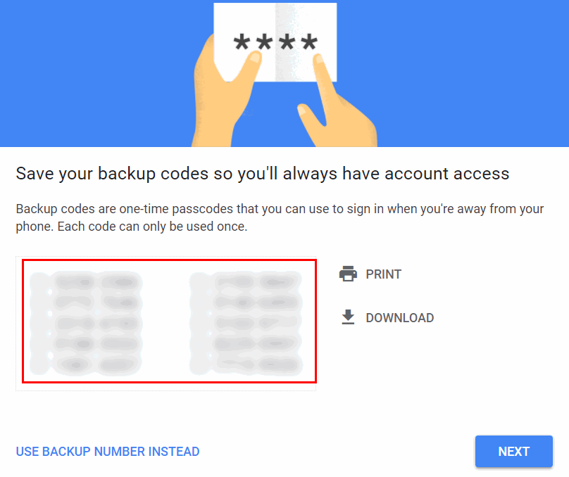 Backup codes to sign in google