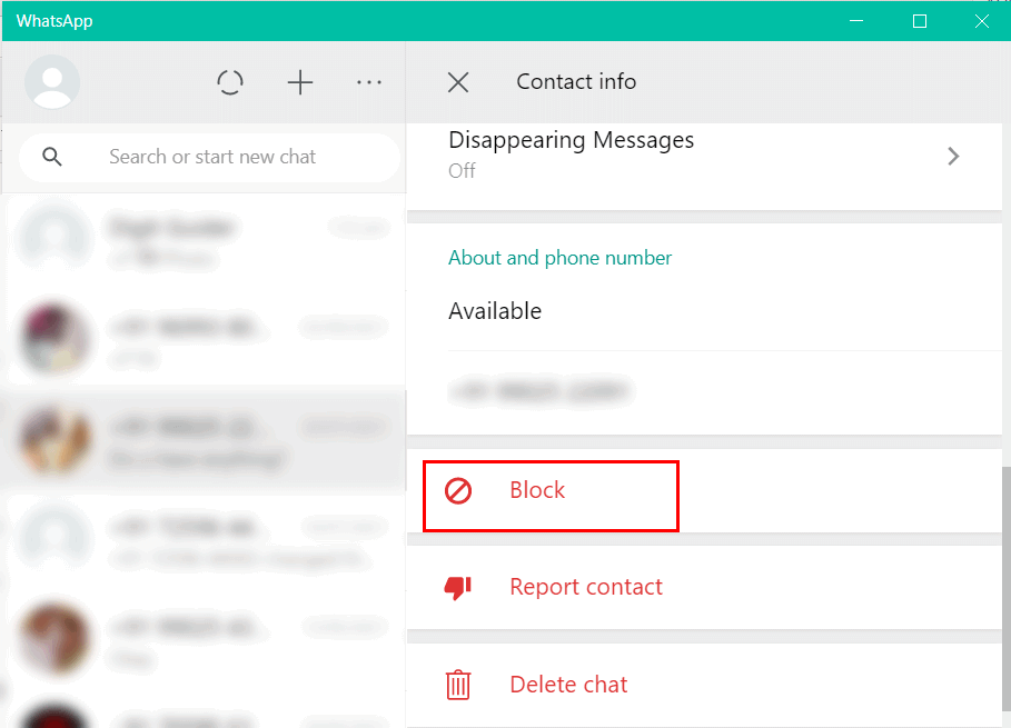 How to Block contact on WhatsApp desktop