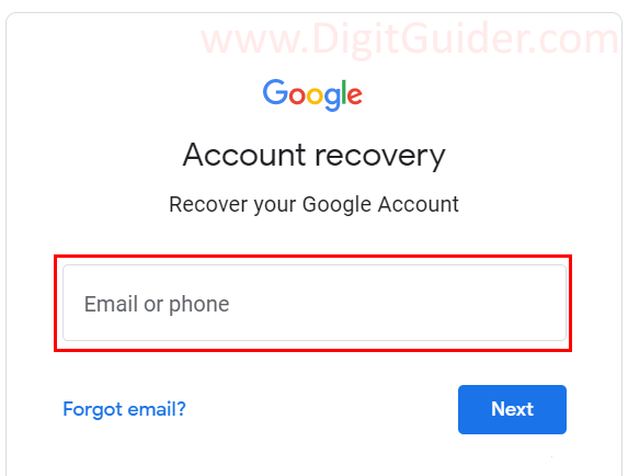Enter Email address to recover your Google Account