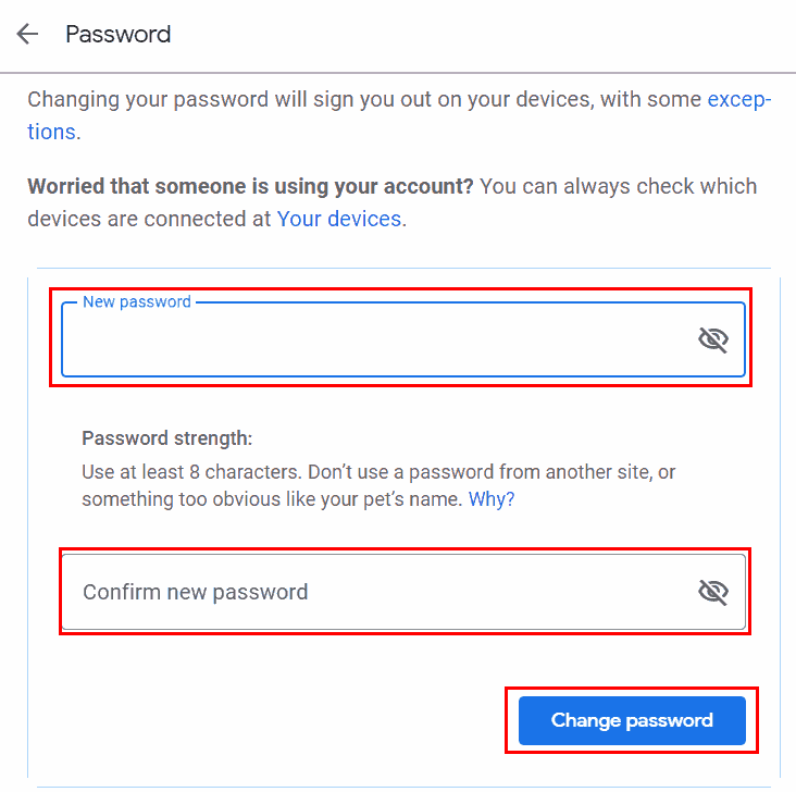 Enter new password for your google account