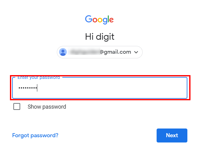 Enter password to sign in Google Account