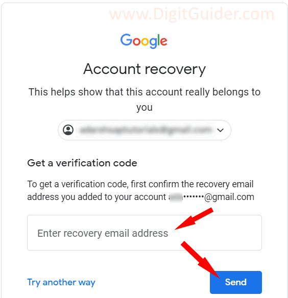 Enter recover gmail address to reset password
