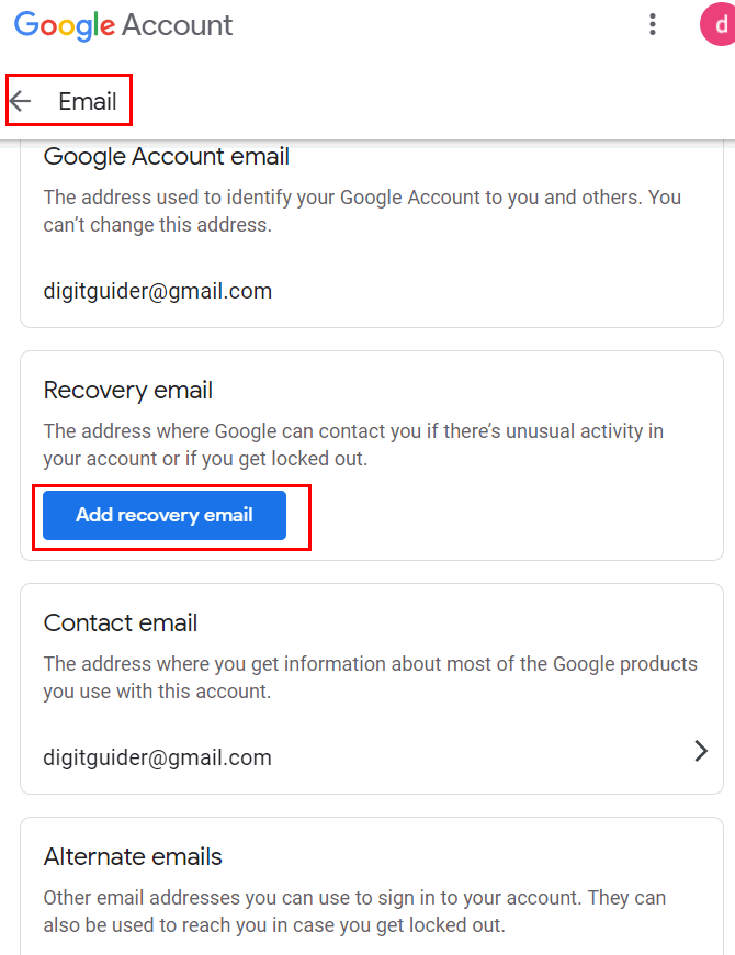 Google Account Security - Add Emails