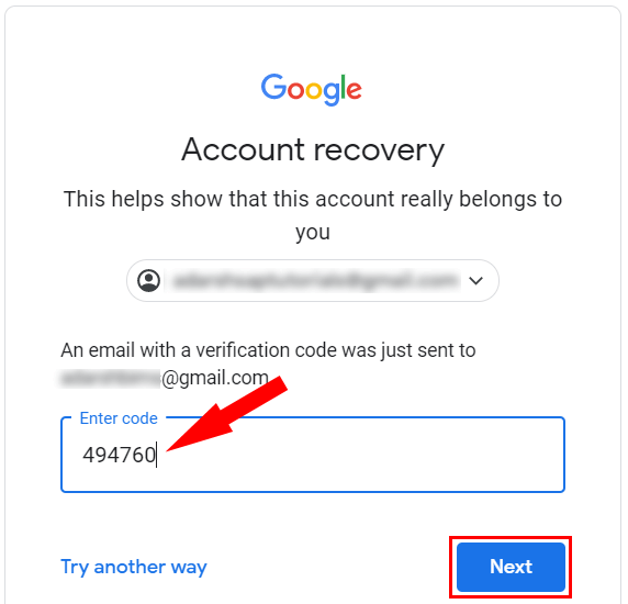 Google Verification Code to reset Gmail password