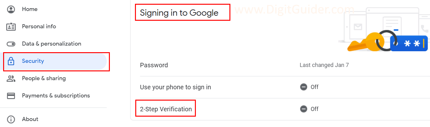 Turn on 2 step verification on Google Account