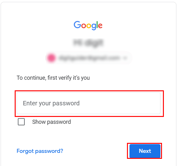 Verify Google account to change password