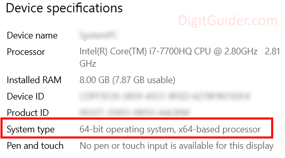 device specification to check windows OS bit version