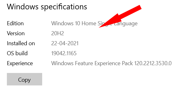 windows specification with installed version