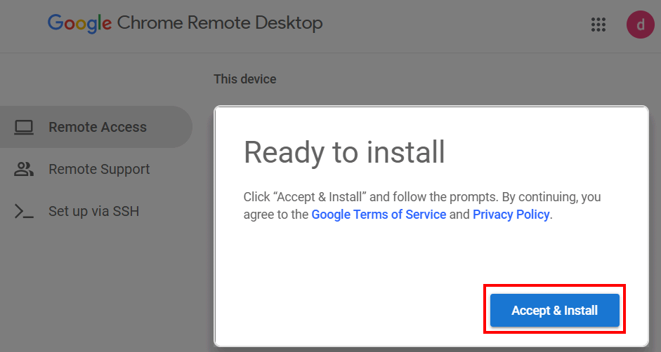 Accept to install remote desktop