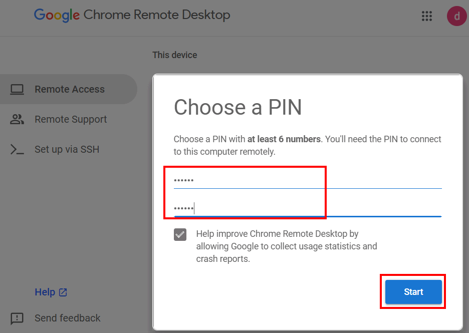 Choose pin for remote desktop