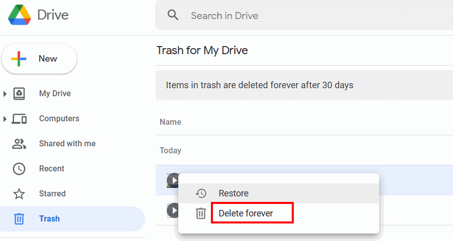 Delete forever in drive