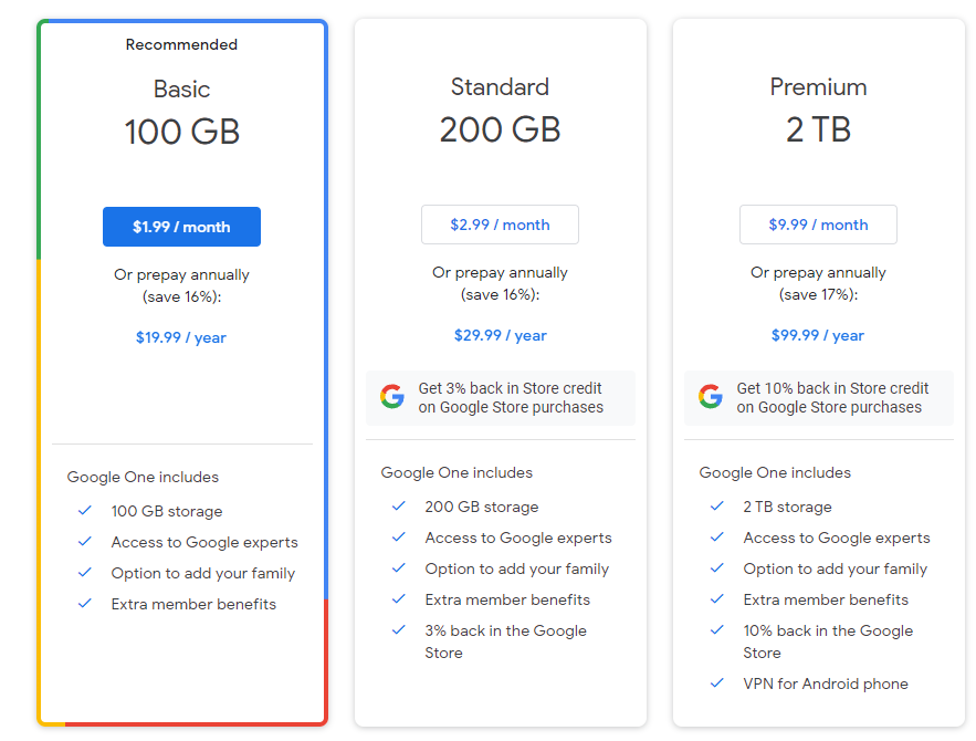 Google One pricing Plans