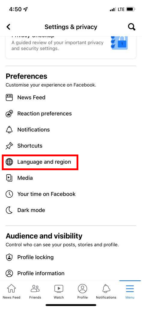 Change facebook language settings on iPhone