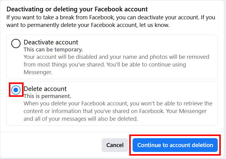 Continue to Facebook Account Deletion