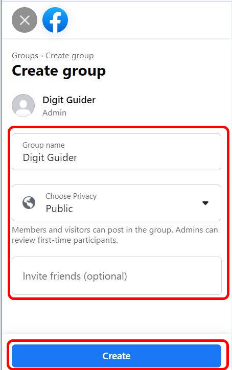 Create Facebook Group Screen