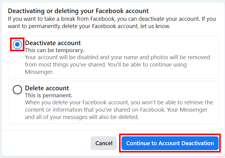 Deactivate Facebook Temporary