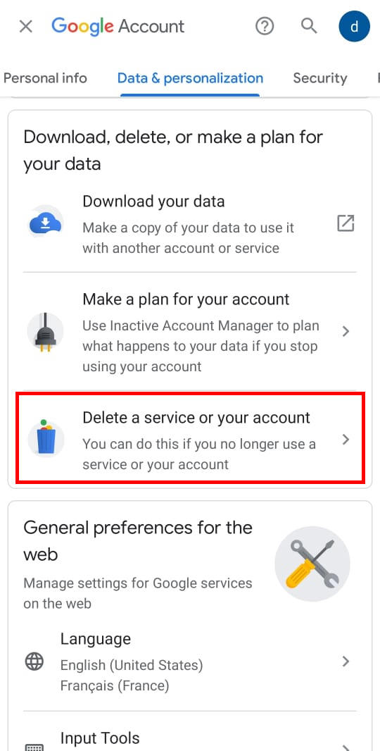 Delete a service or your account from android mobile