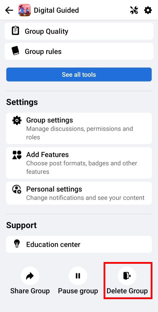 Delete group on a Facebook android App