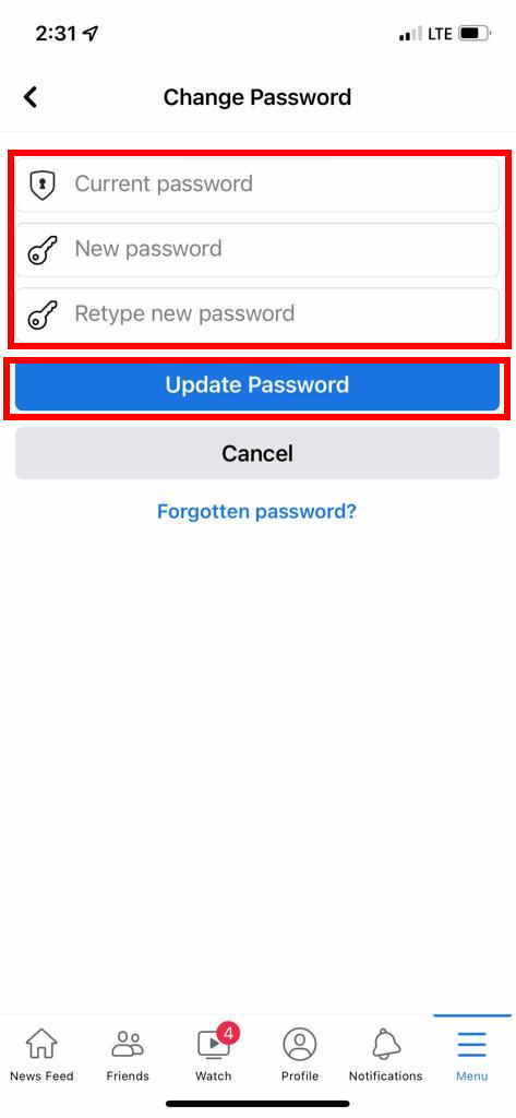 How to change facebook password on iPhone