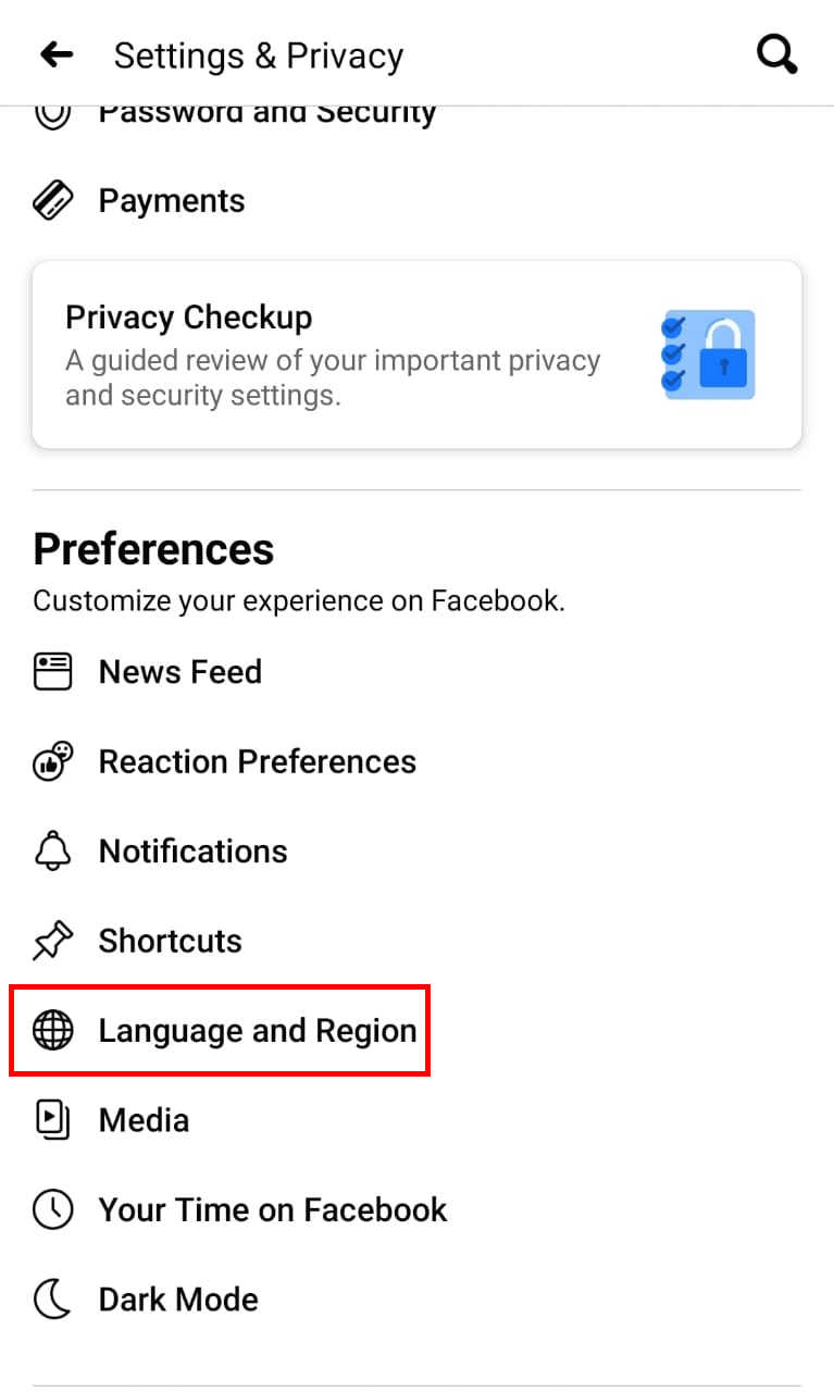 Language settings on Facebook Android App