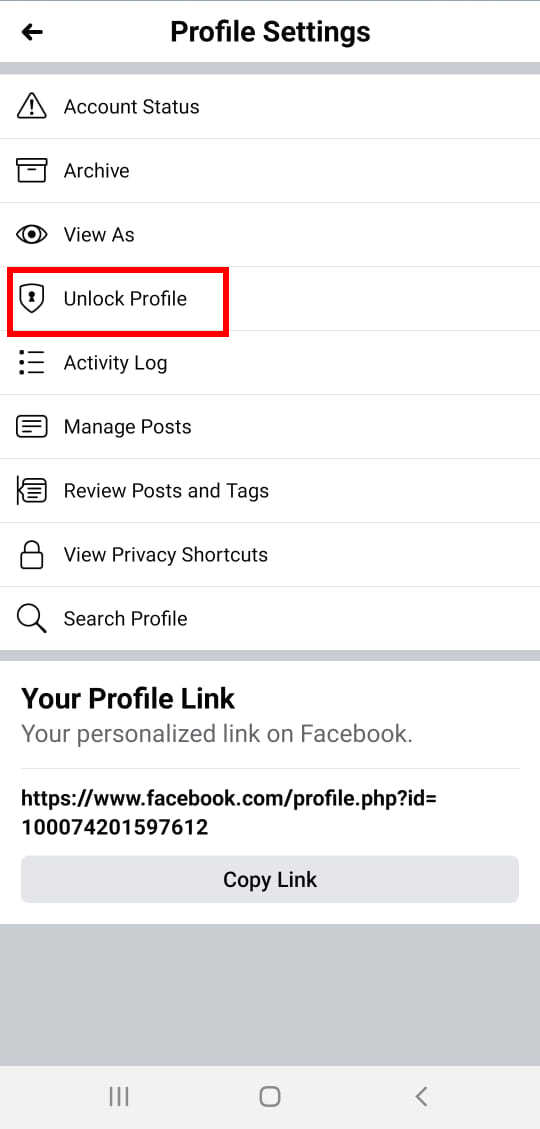 Profile settings unlock profile in Facebook app