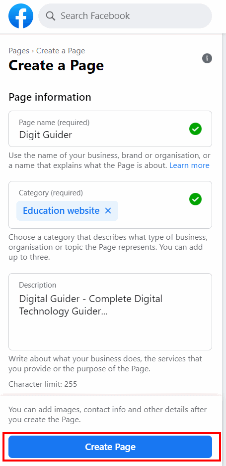 Update details to create page on Facebook
