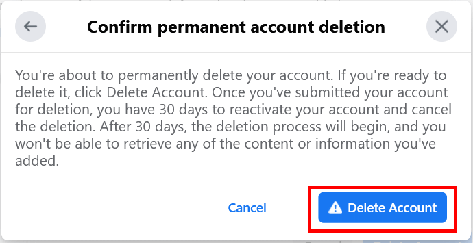confirm permanent facebook account deletion