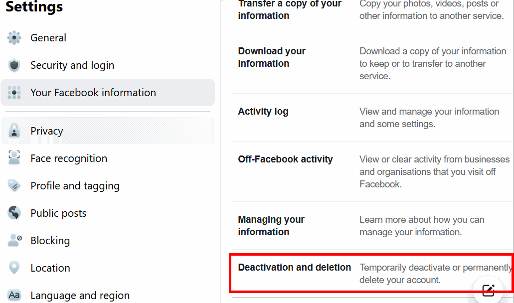 deactivation and deletion FB account