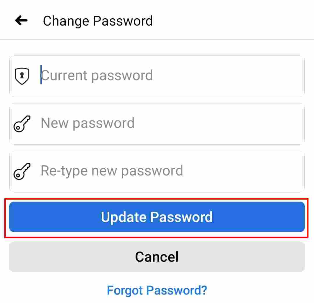 update new facebook password from android app