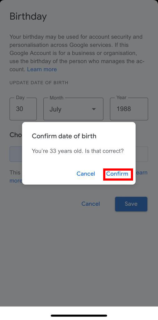 Confirm Date of Birth on Google