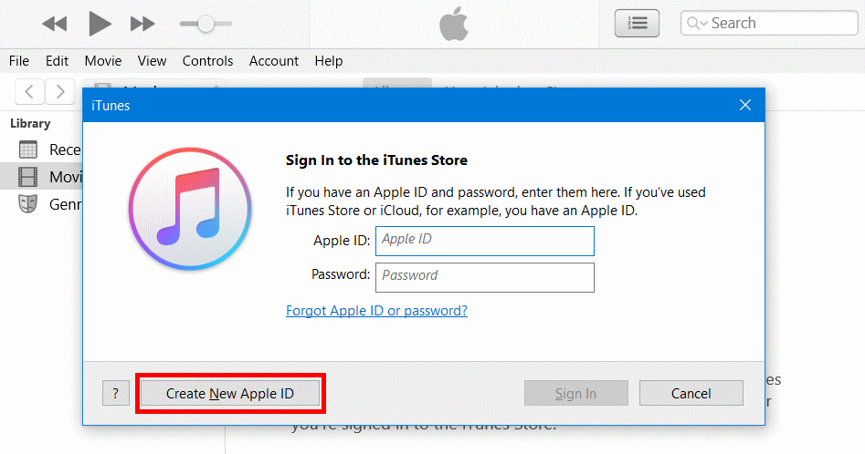 Create new Apple ID on Windows PC