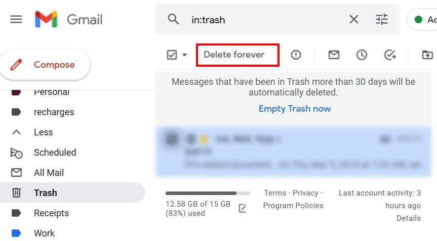Delete Email forever in Gmail to free up space