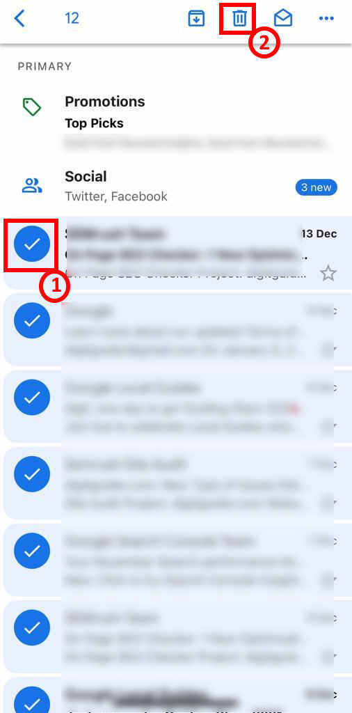 Delete Emails in Gmail on iPhone mobile
