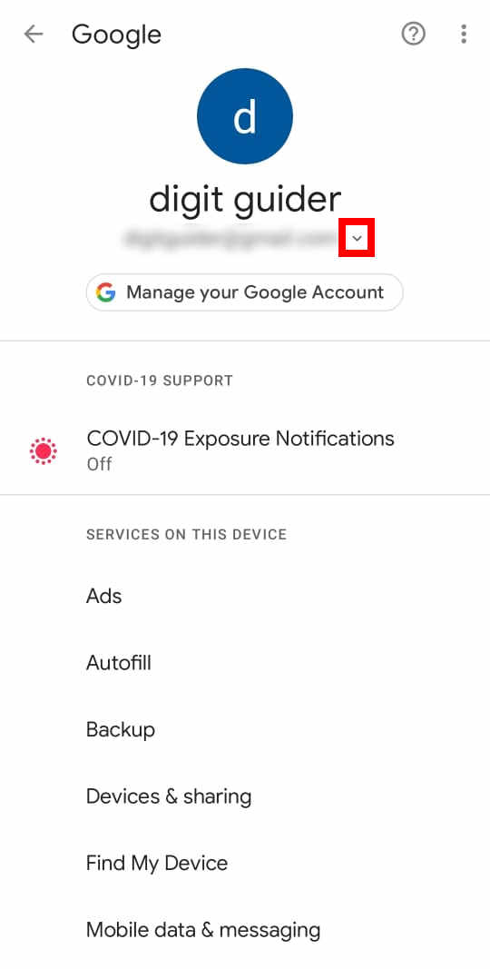 Drop down icon to display google accounts on Android