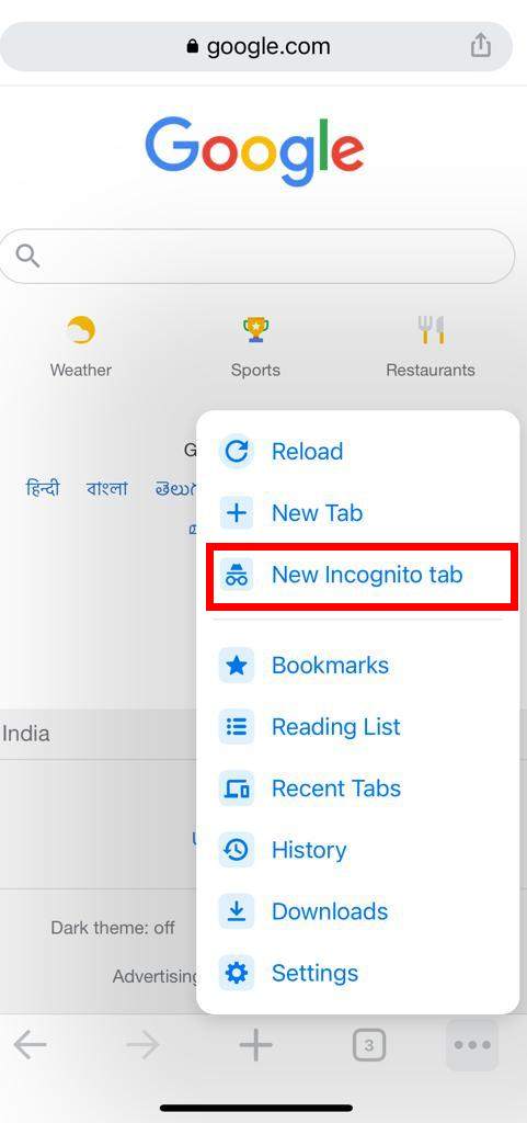Google incognito tab in iphone