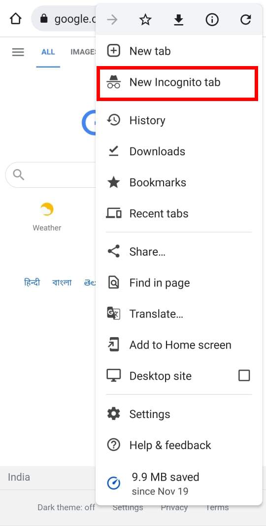 New incognito tab on android phone