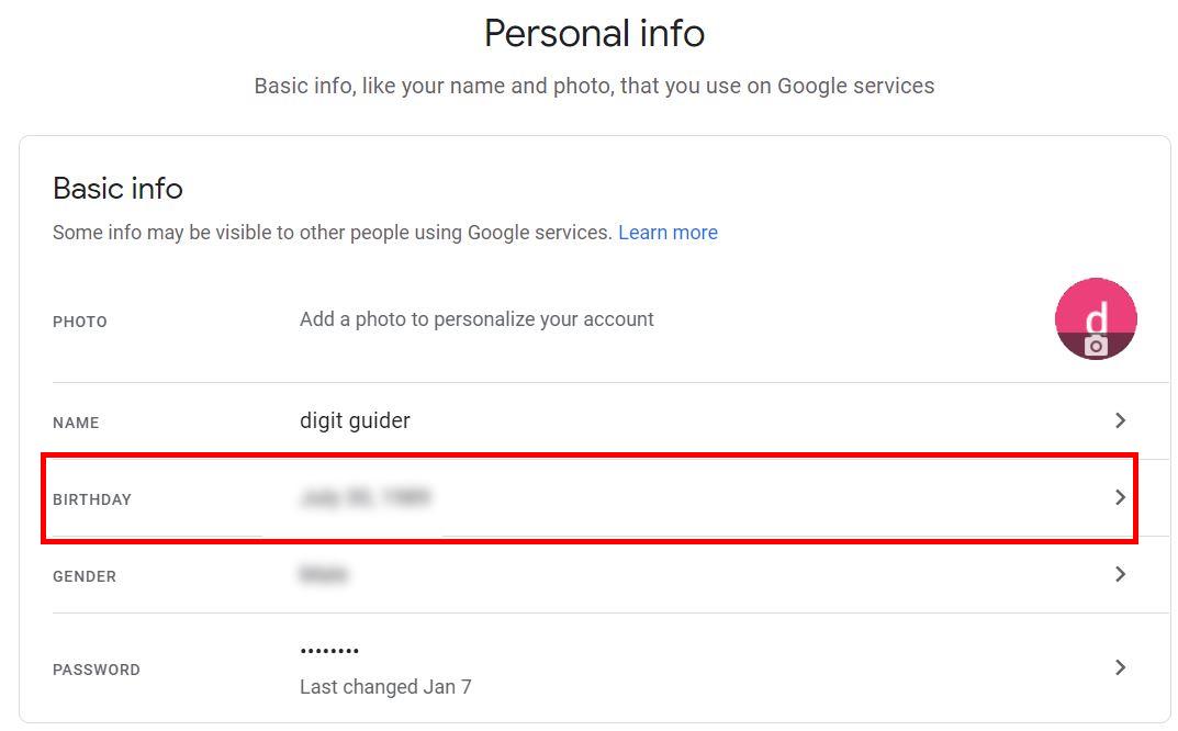 Peronal Info - Birthday in Google Account
