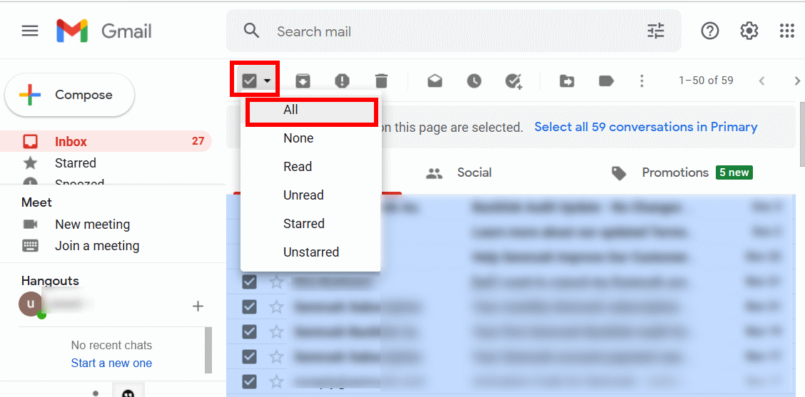Select all Gmail Emails to delete on Computer
